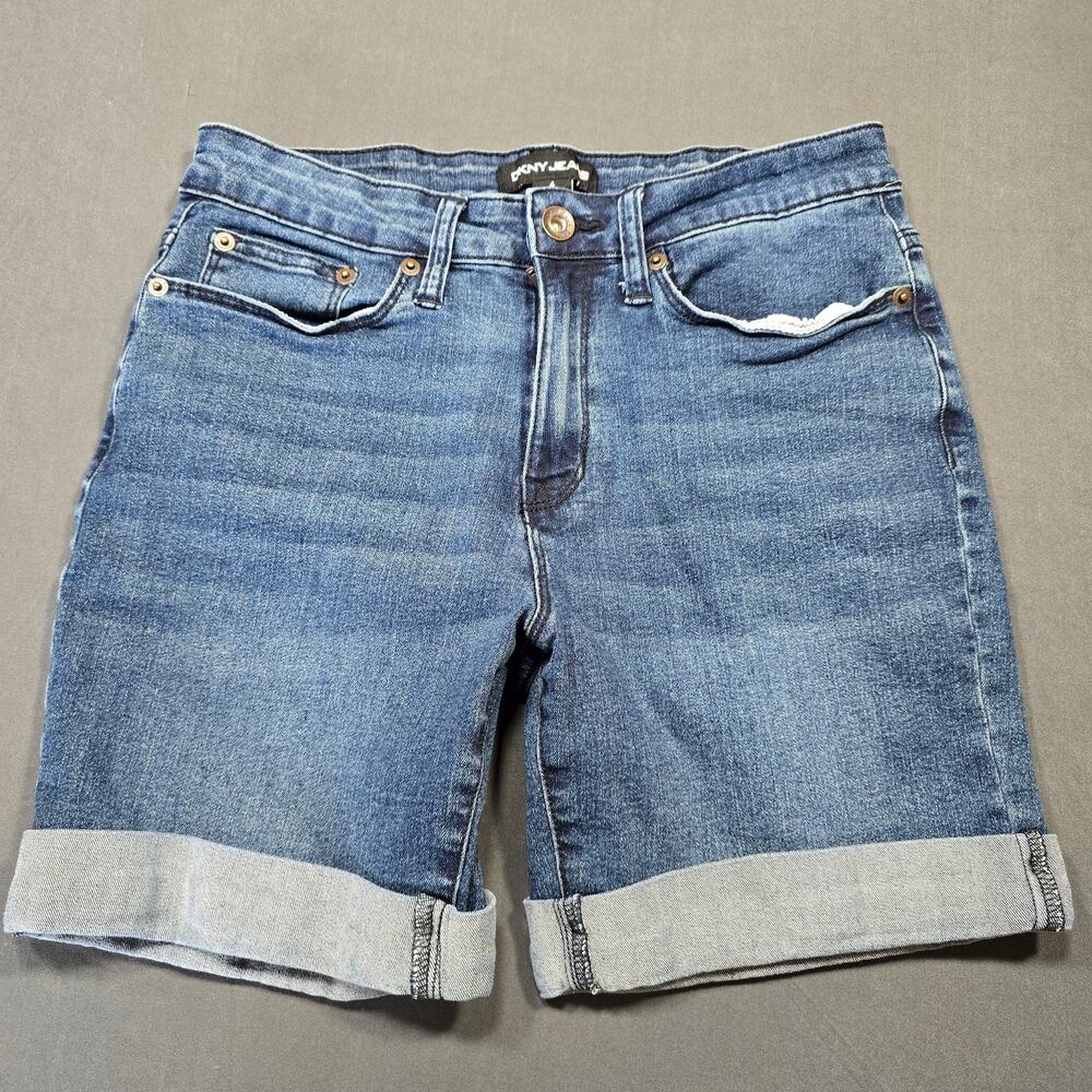 DKNY Blue Jean Shorts Stretch Classic Stonewash Denim Cuffed Rolled Women Size 4